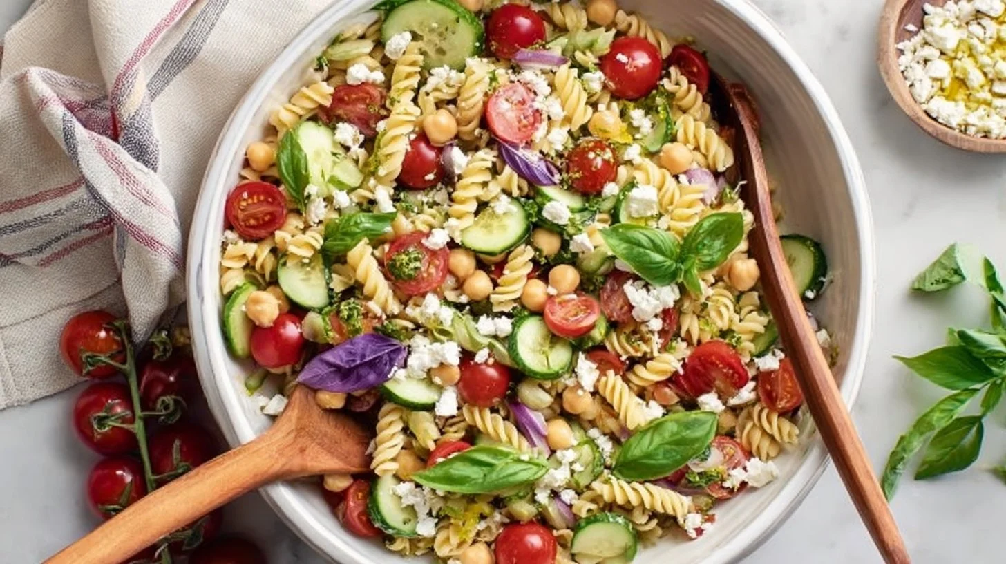 Bowl of easy pasta salad with fresh vegetables and dressing