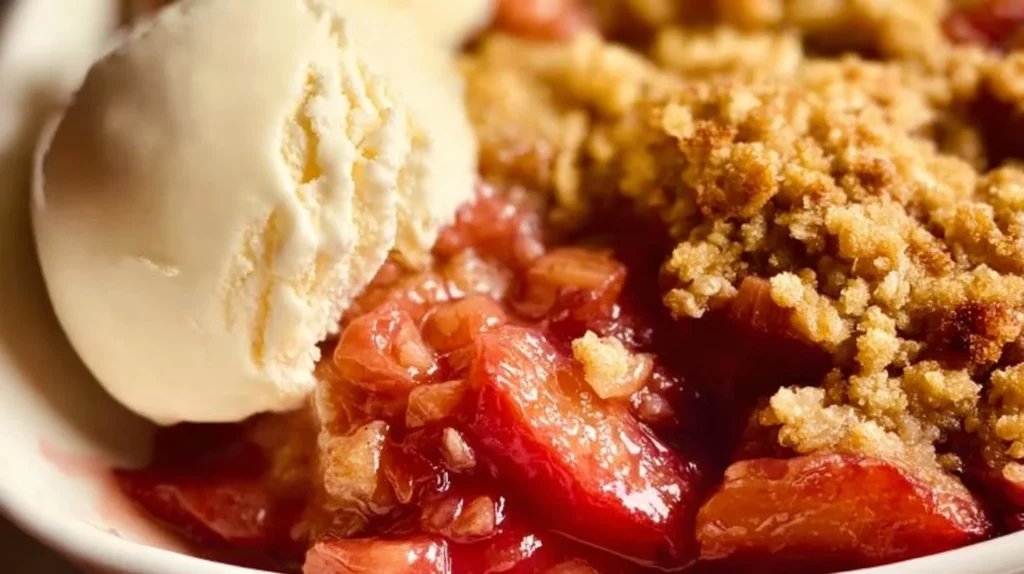 Delicious easy rhubarb crisp served in a bowl with a spoon