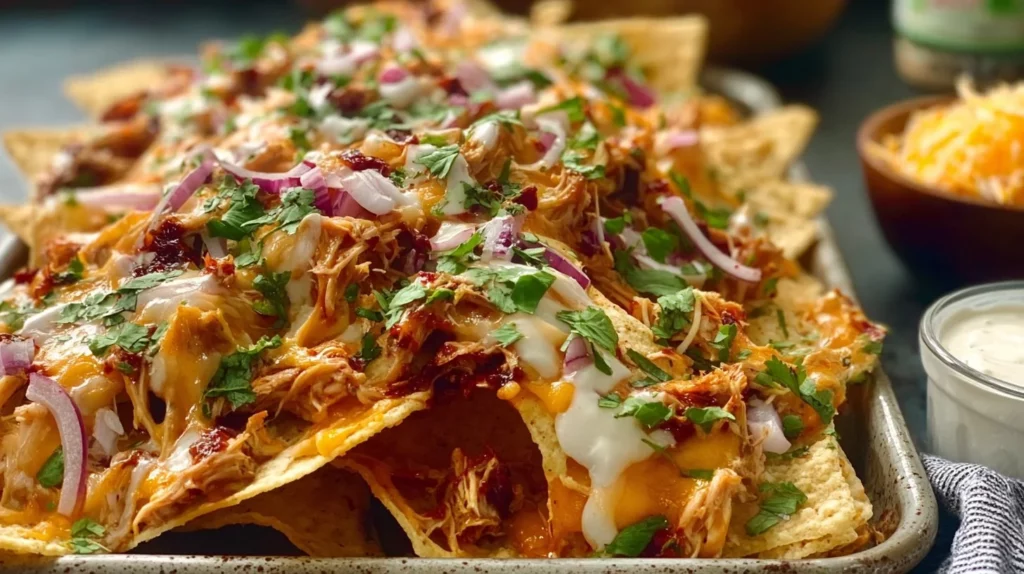 Delicious sheet pan BBQ chicken nachos topped with cheese and jalape&ntilde;os