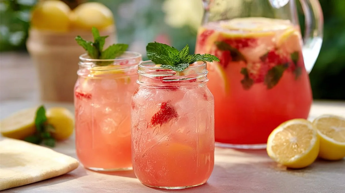 A glass of homemade strawberry lemonade with fresh strawberries and lemon slices