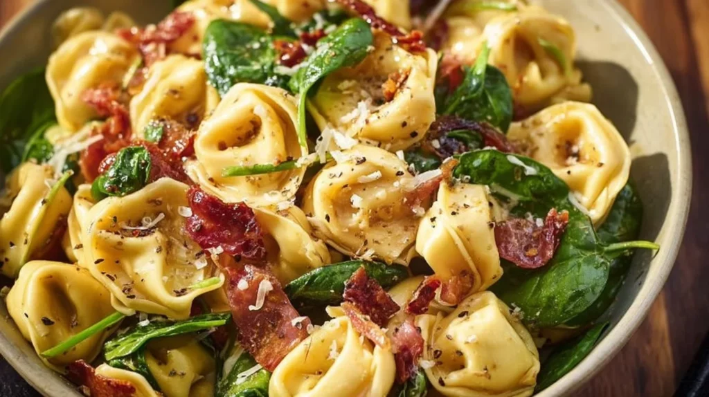 A vibrant bowl of easy tortellini salad with fresh vegetables and dressing