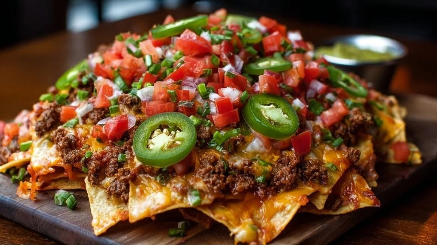 Delicious Epic Beef Nachos Supreme topped with cheese and jalapeños.