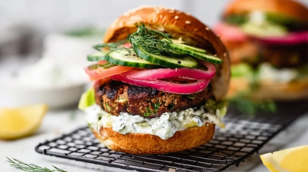 Feta spinach grilled turkey burgers served on a plate with fresh toppings
