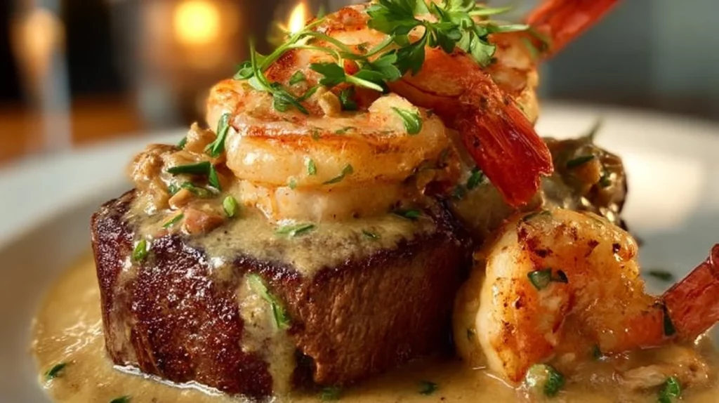Delicious filet mignon with shrimp served on a plate
