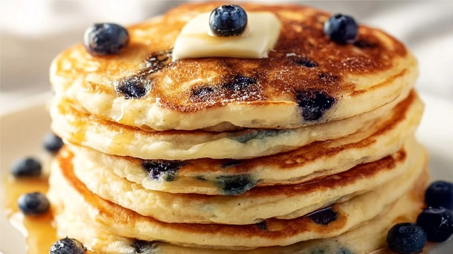 Stack of fluffy blueberry pancakes served with syrup and fresh blueberries