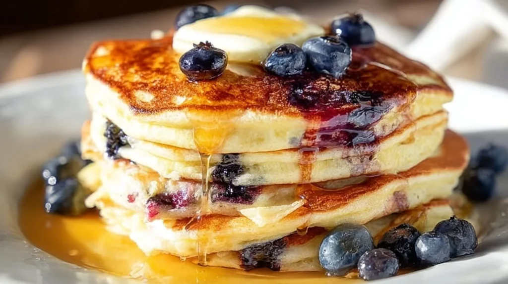 Fluffy blueberry pancakes topped with fresh blueberries and syrup on a plate