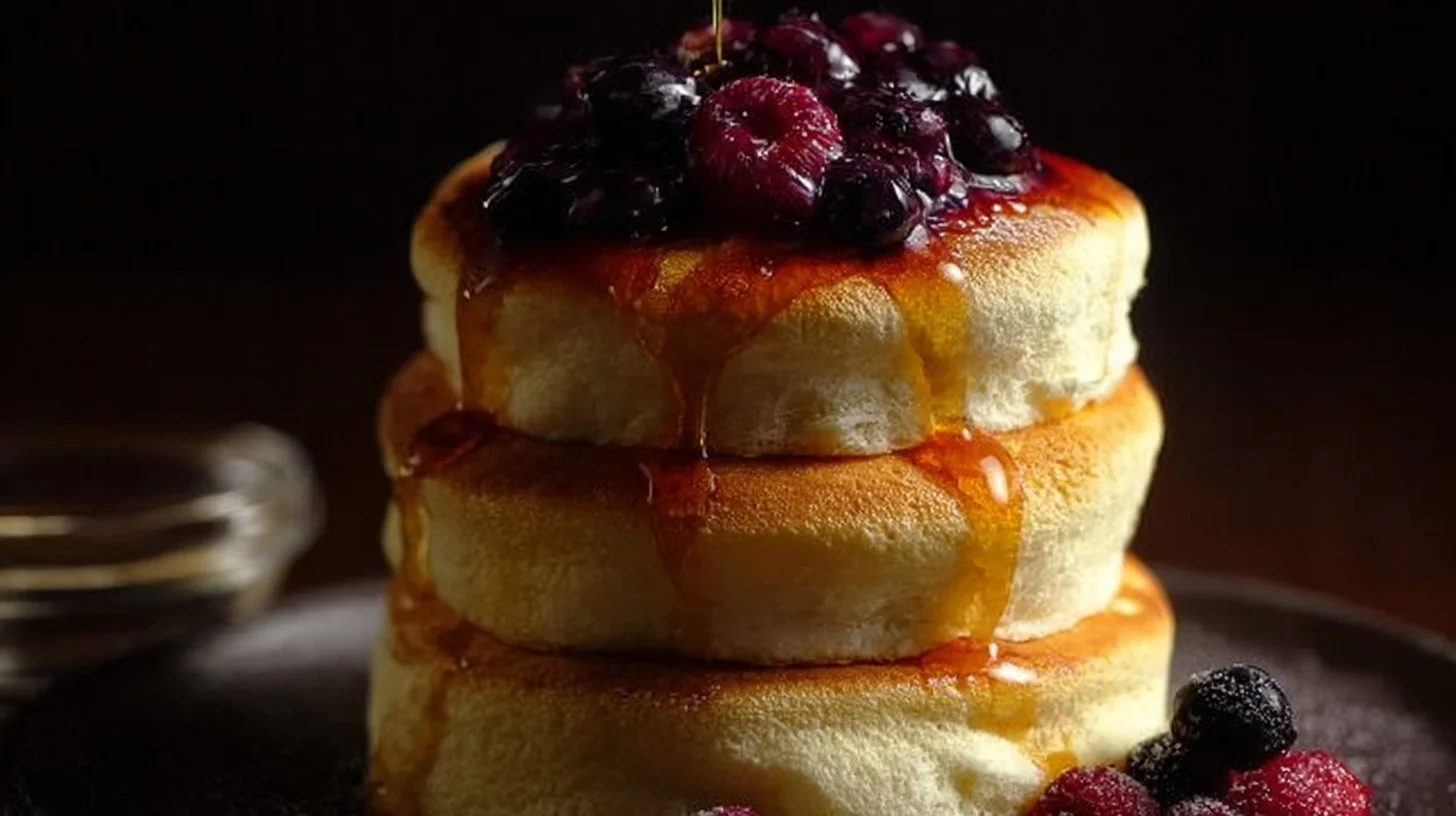 Fluffy Japanese souffl&eacute; pancakes stacked on a plate with syrup and berries