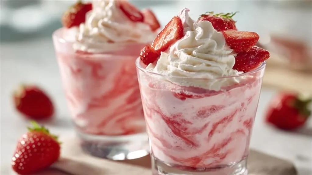 Frozen Strawberry Dole Whip Delight served in a bowl with fresh strawberries.