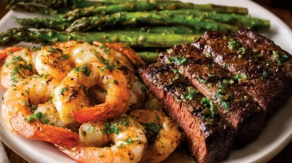 Delicious Garlic Butter Ribeye Steak and Shrimp plated elegantly.