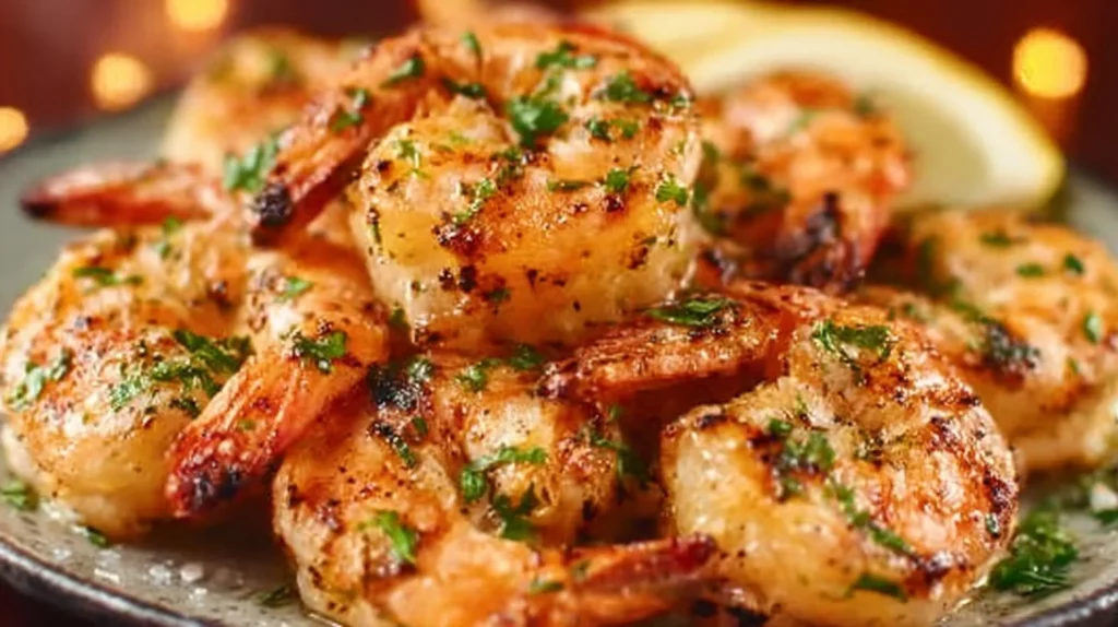 Delicious garlic grilled shrimp on a plate garnished with herbs