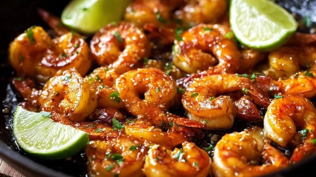 Plate of Garlic Honey Lime Shrimp garnished with lime and herbs