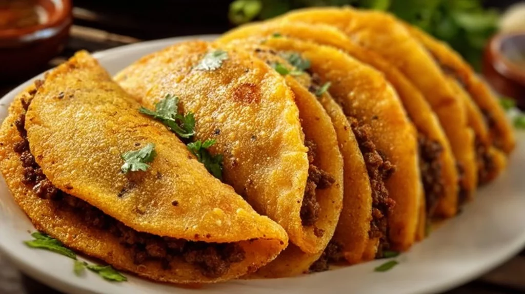 Golden Tacos filled with seasoned ground beef and toppings