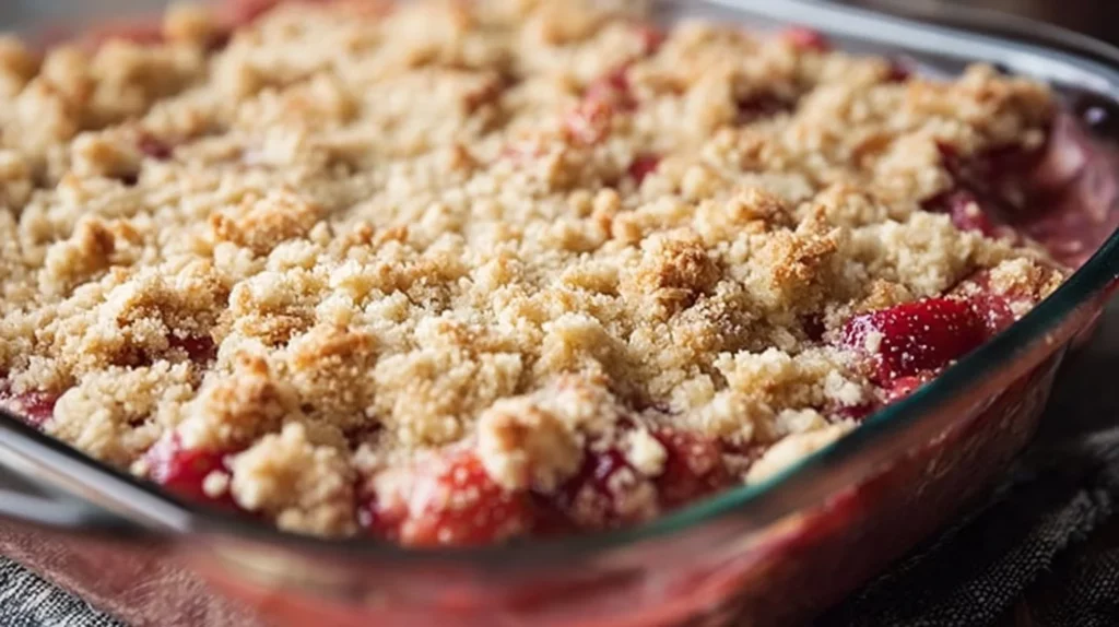 Homemade rhubarb crisp topped with crumble in a baking dish