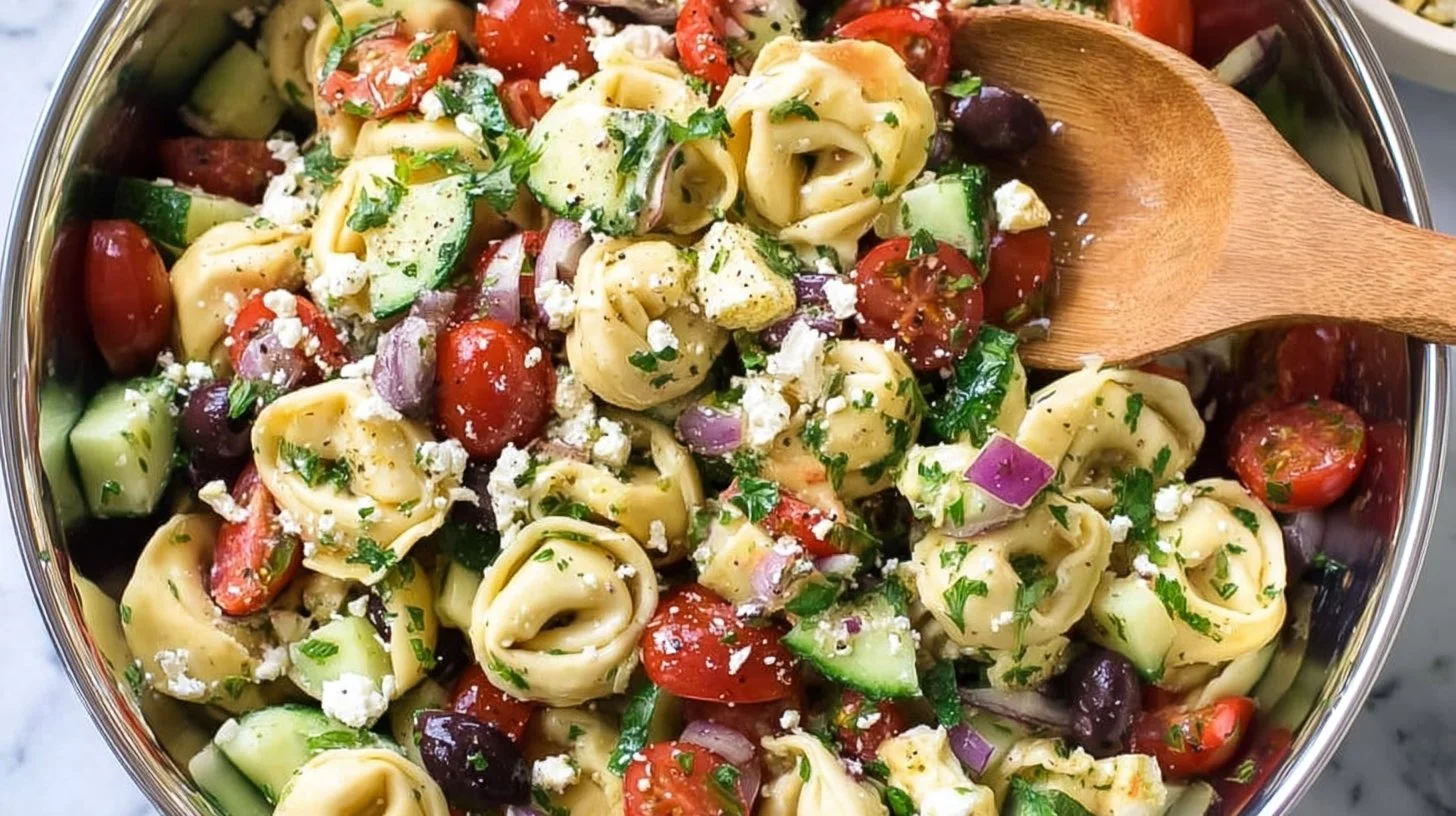 Greek Tortellini Pasta Salad with vibrant vegetables and feta cheese