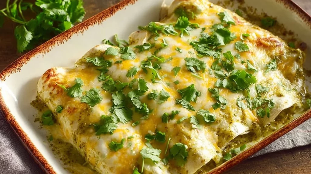 Plate of green enchiladas with chicken topped with green sauce and cheese