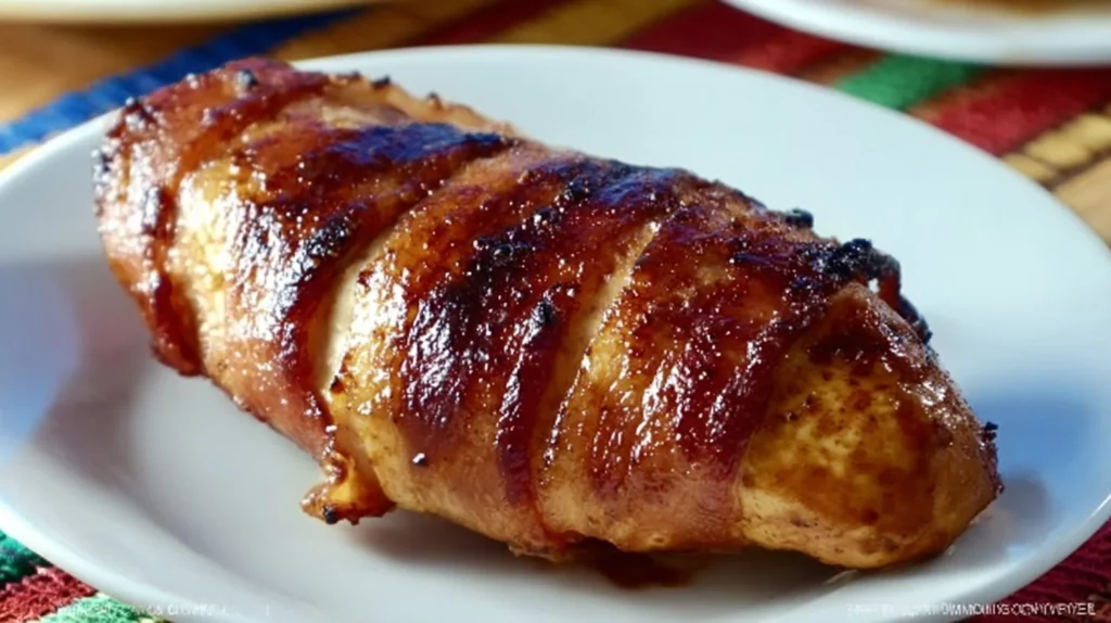 Grilled bacon wrapped chicken on a plate ready to be served