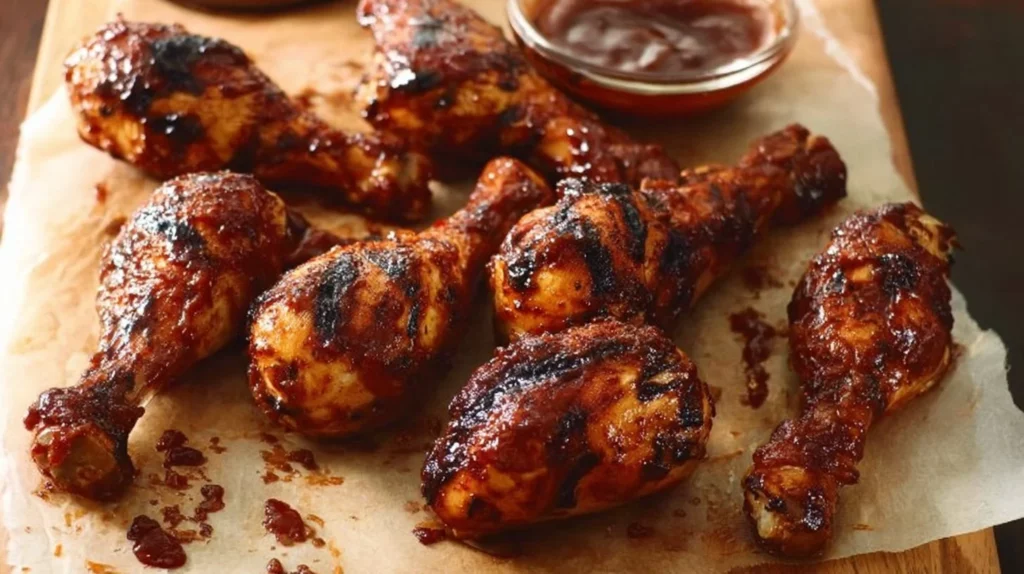 Grilled BBQ chicken drumsticks on a platter, garnished and ready to serve.