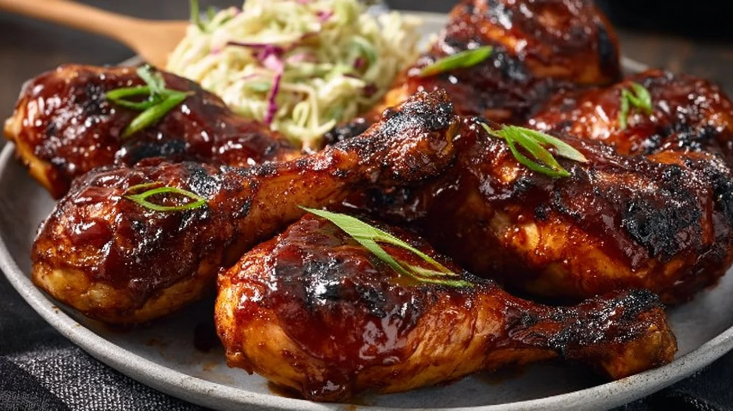 Grilled BBQ chicken legs with smoky glaze and herbs on a charcoal grill.