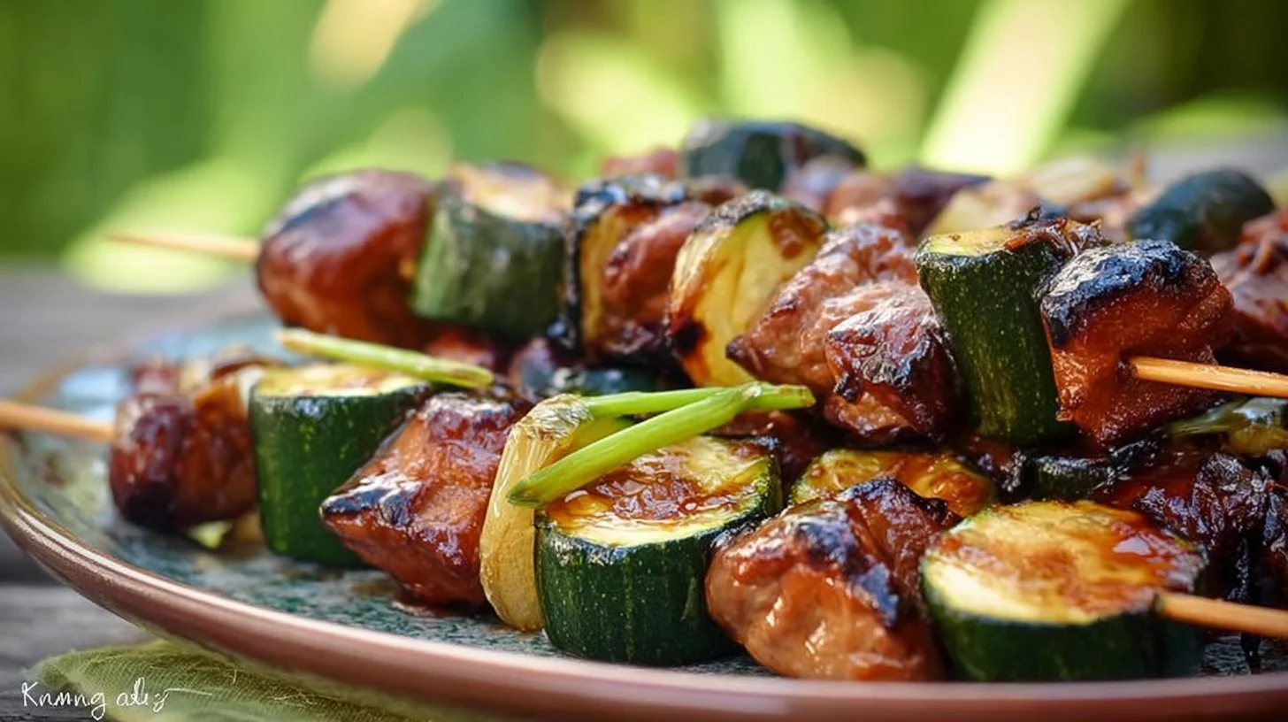 Grilled chicken and zucchini yakitori on skewers