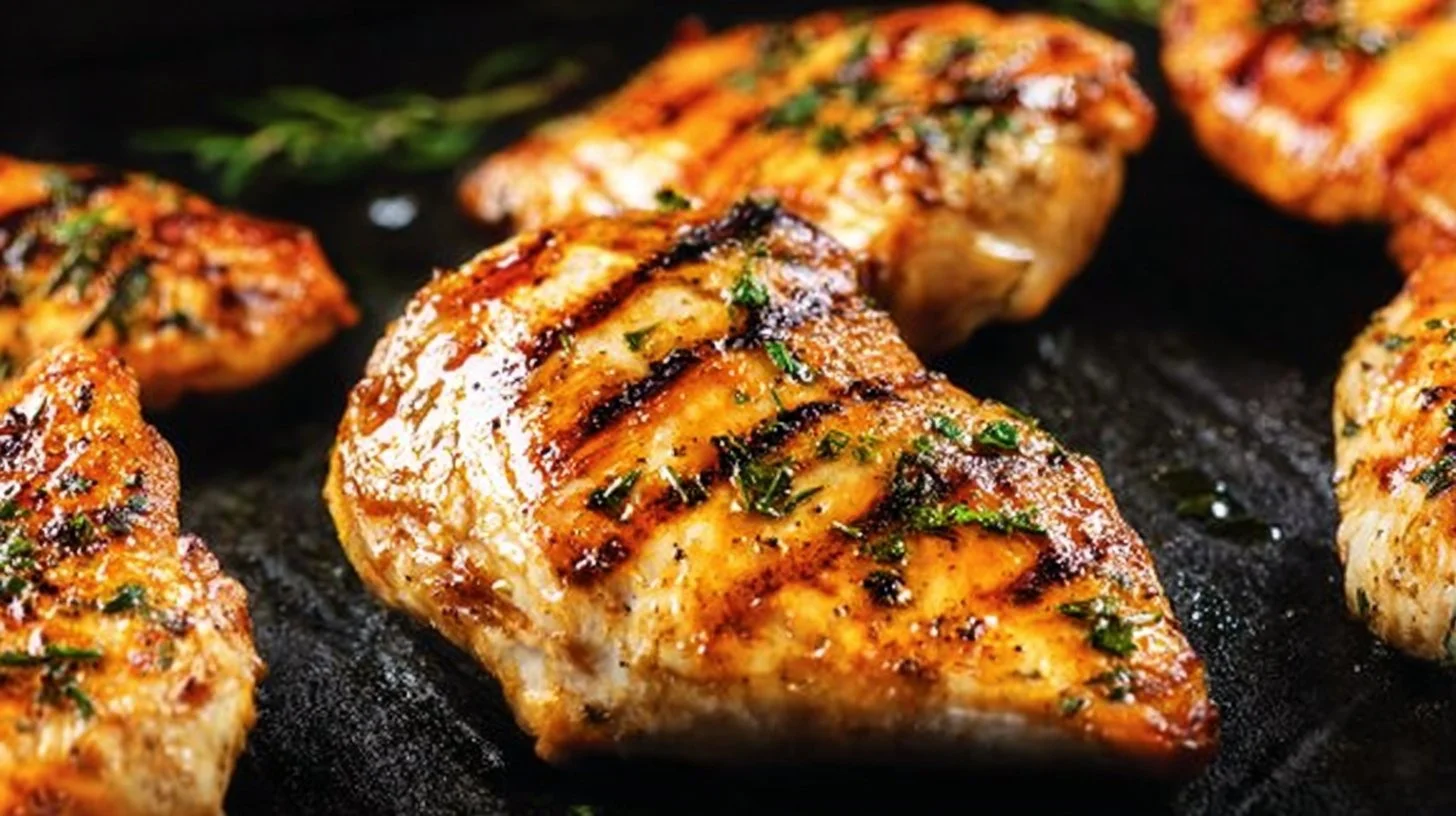 Delicious grilled chicken breast on a plate with fresh herbs and lemon.