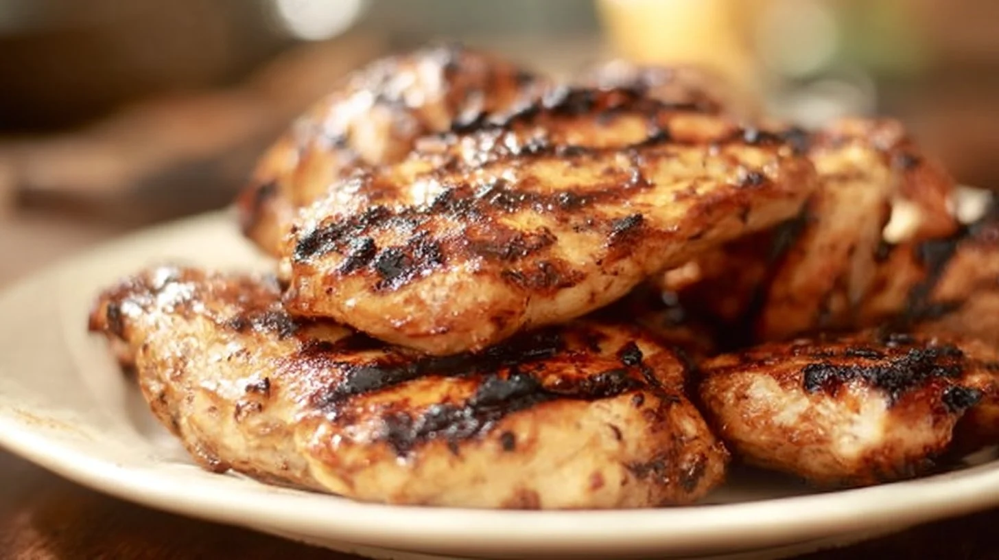 Juicy grilled chicken breasts on a barbecue grill garnished with herbs