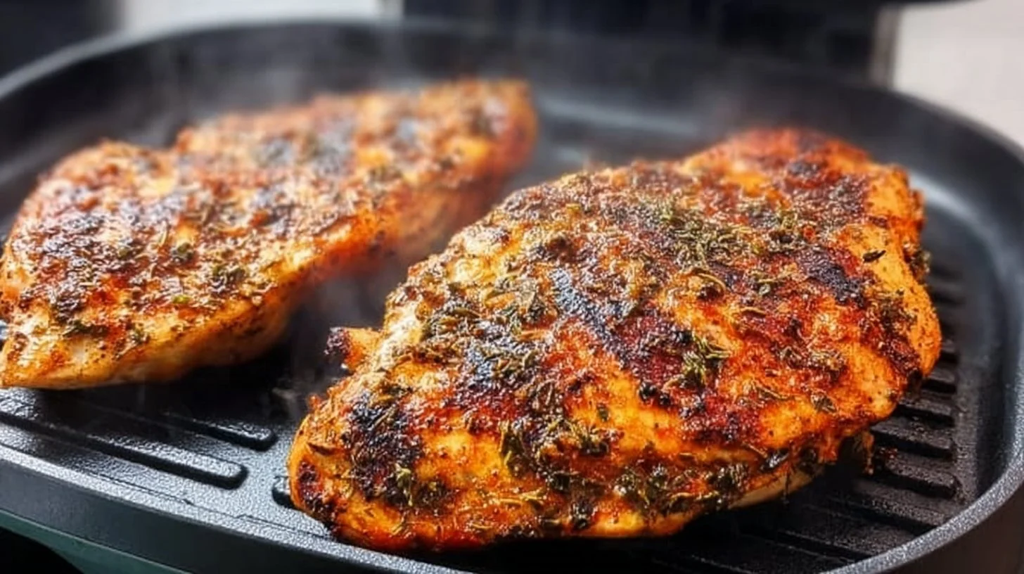 Juicy grilled chicken breasts served with fresh herbs and vegetables.