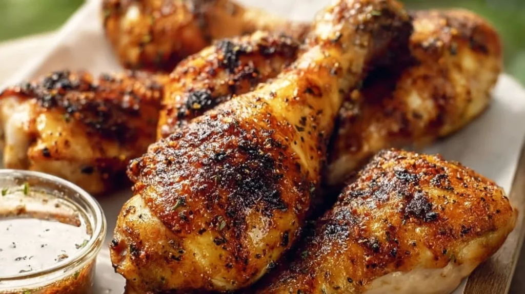 Juicy grilled chicken legs served with fresh herbs and a side of vegetables