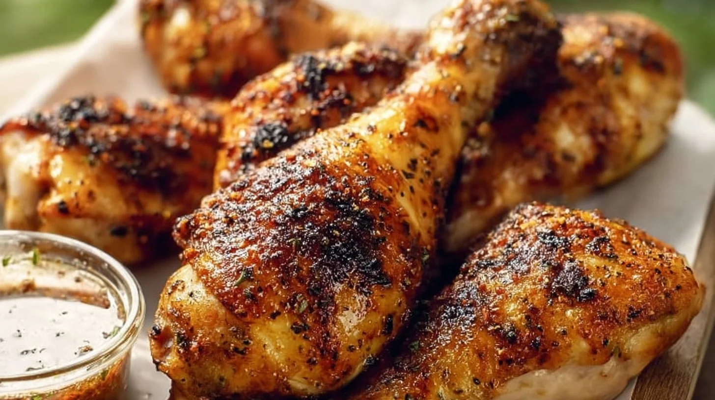 Juicy grilled chicken legs served with fresh herbs and a side of vegetables