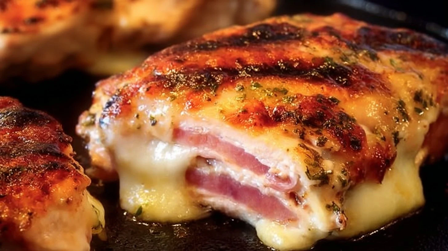 Grilled chicken breast stuffed with ham and Swiss cheese, garnished and ready to serve.