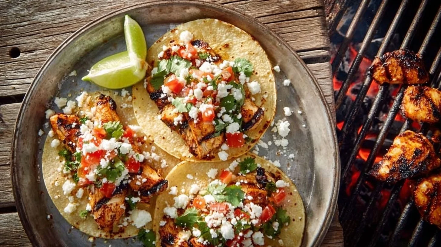 Delicious grilled chicken tacos garnished with fresh vegetables and served on a plate.