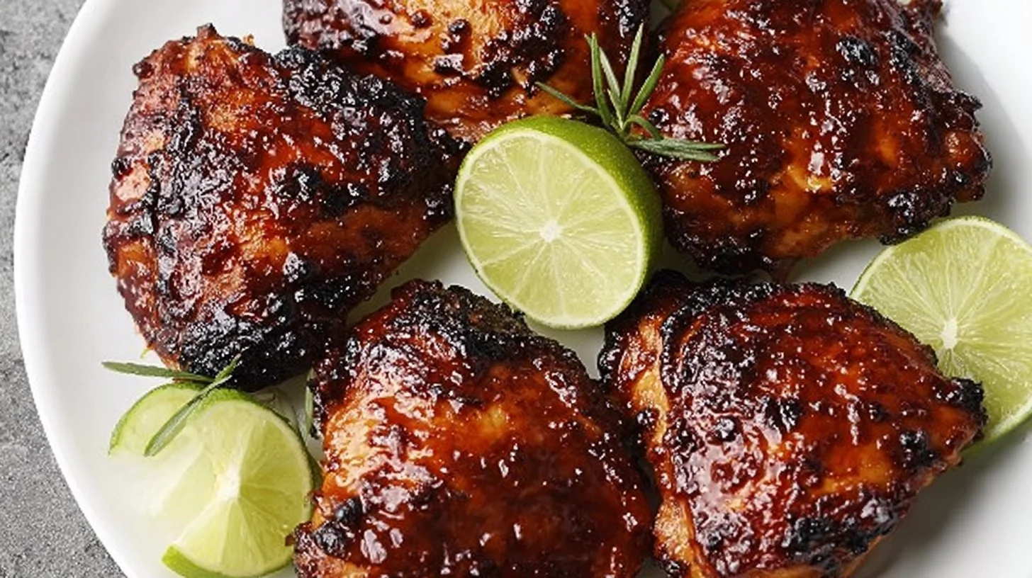 Grilled chicken thighs marinated with ancho chili and garnished with fresh herbs