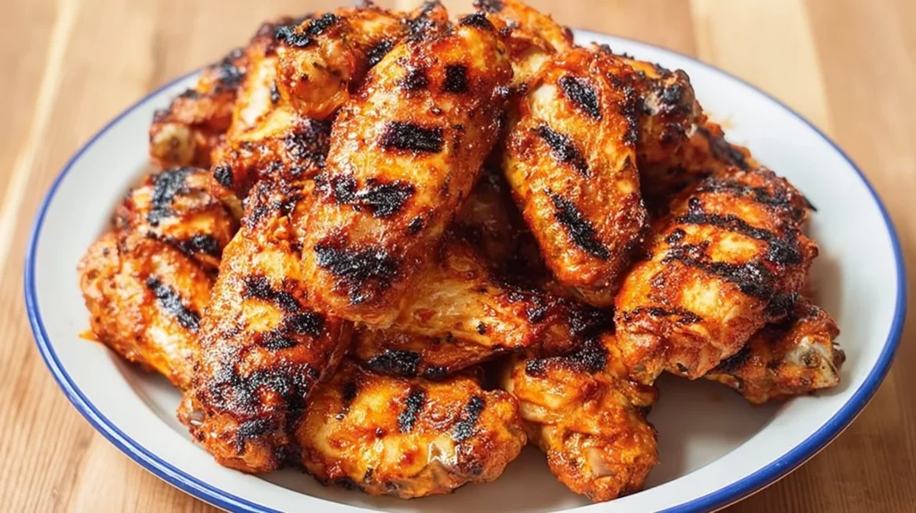 Grilled chicken wings drizzled with spicy creamy sauce on a plate.