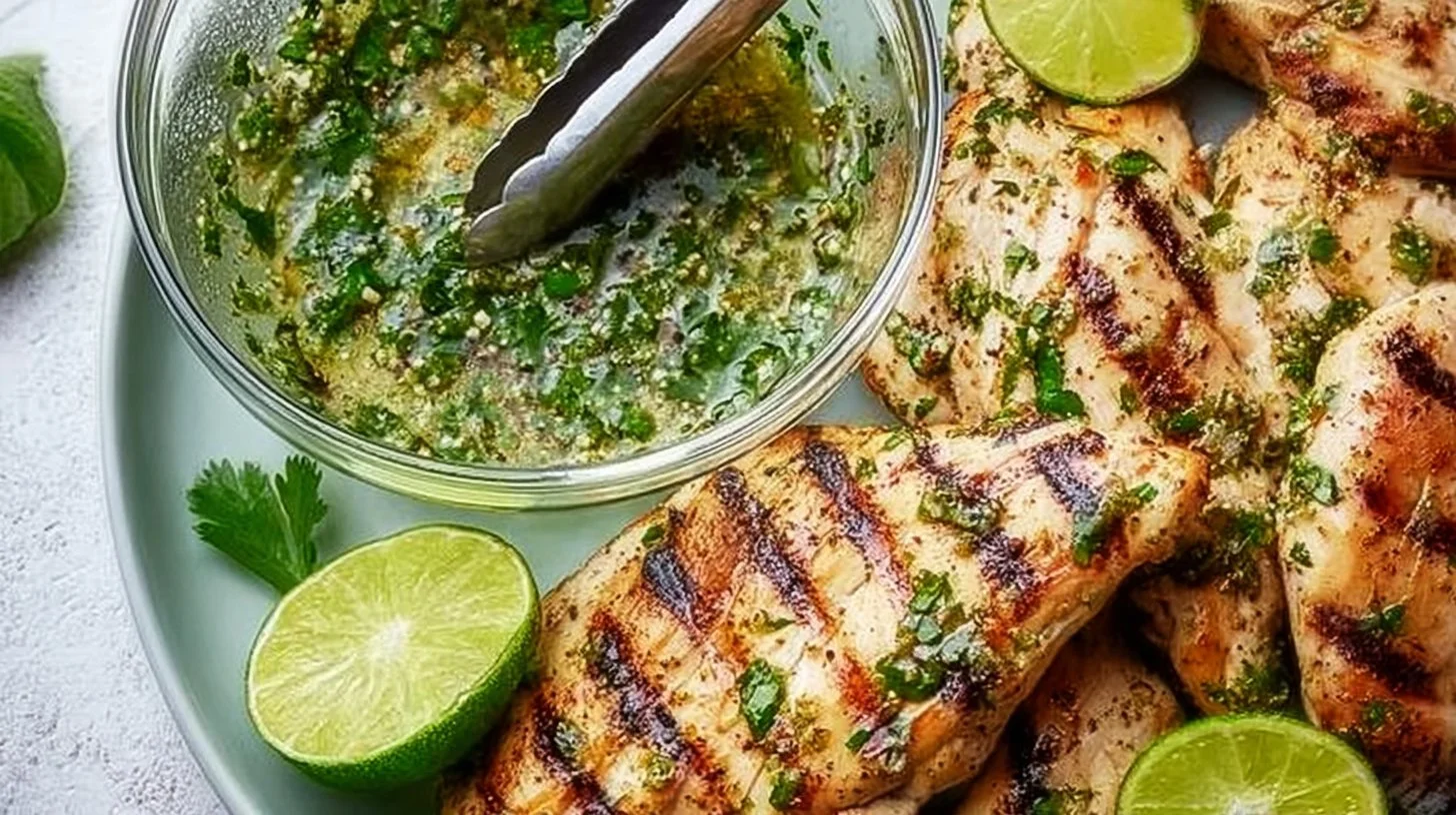 Grilled cilantro lime chicken garnished with fresh cilantro and lime wedges