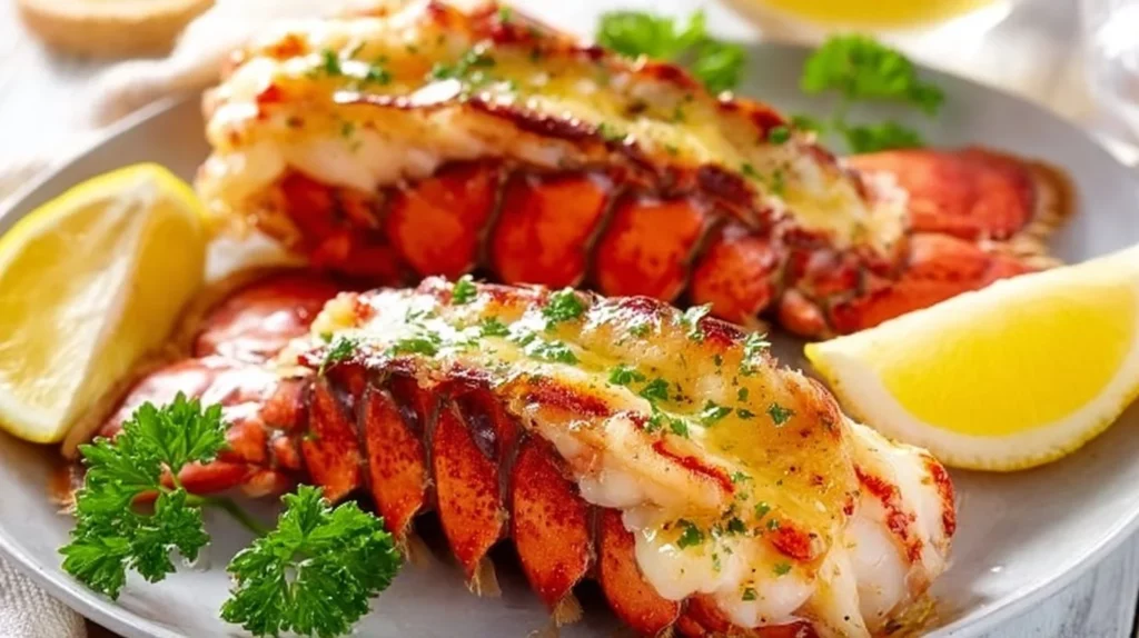 Delicious grilled lobster tails served with garnish and lemon.
