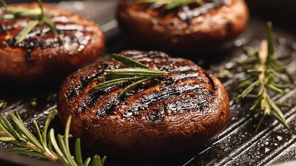 Delicious grilled Portobello mushrooms on a plate ready to serve.