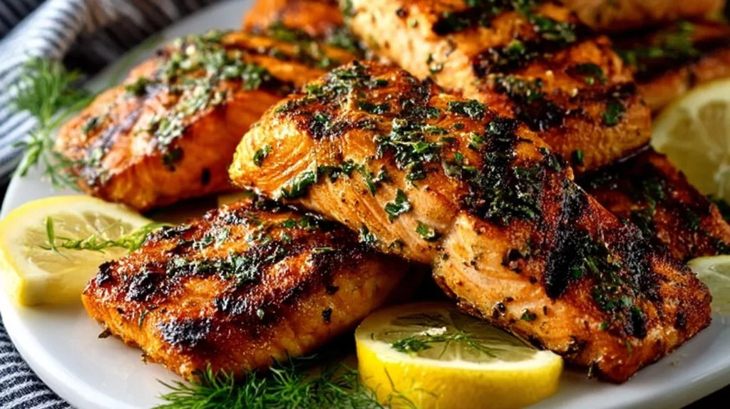 Delicious grilled salmon on a plate garnished with fresh herbs and lemon slices