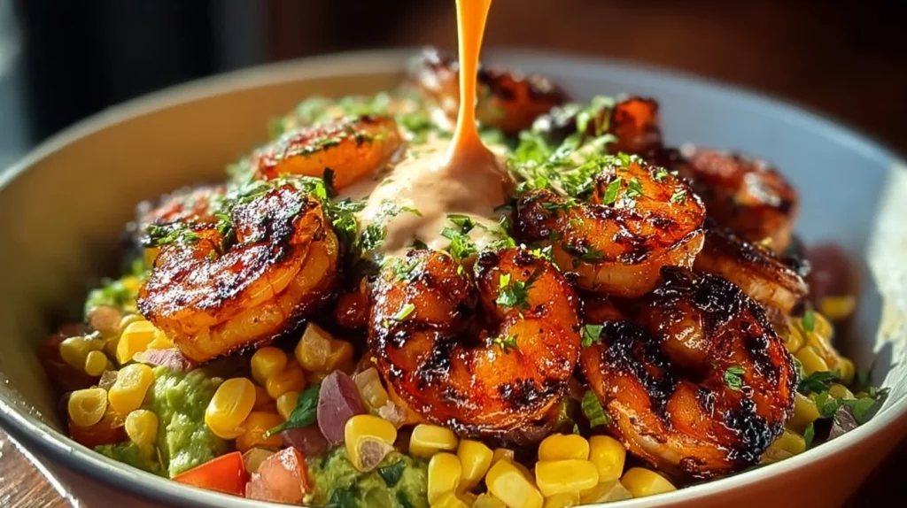 Delicious grilled shrimp bowl topped with fresh avocado and vibrant vegetables