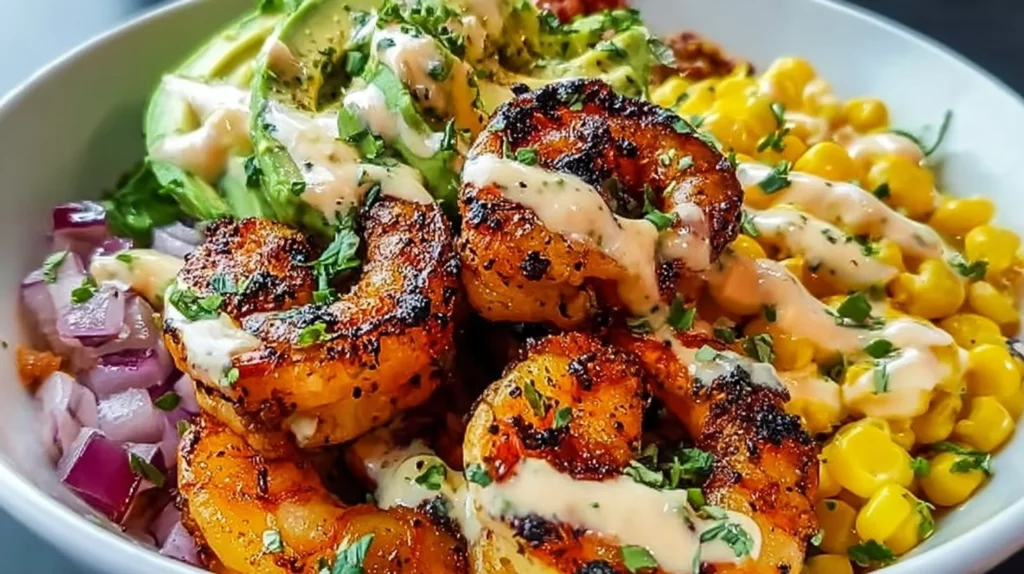 A vibrant grilled shrimp bowl with avocado, colorful vegetables, and rice.