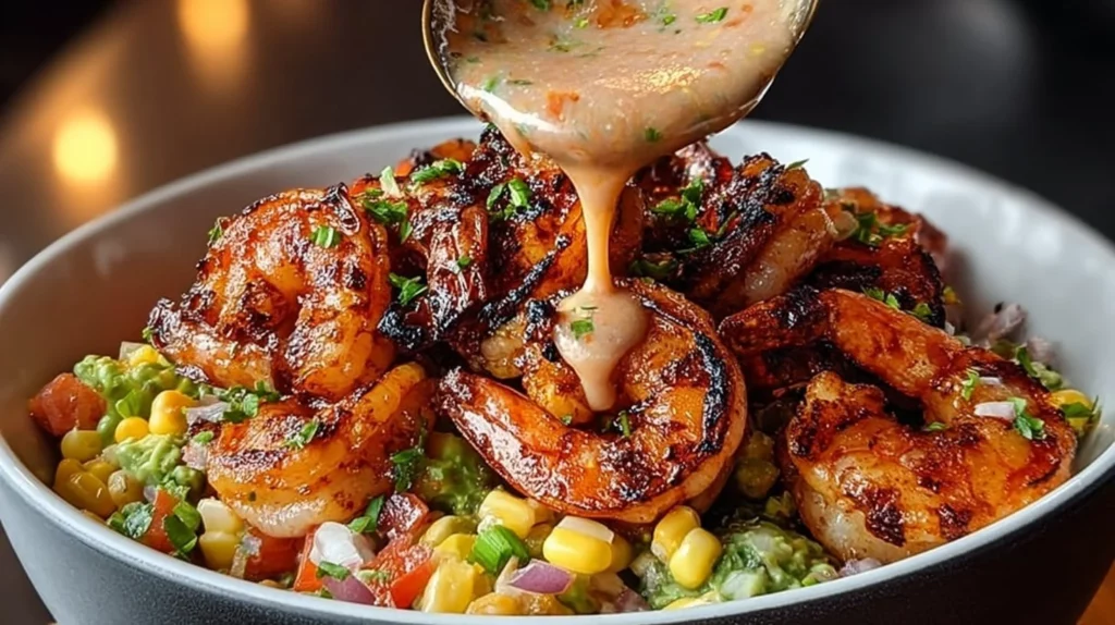 Delicious Grilled Shrimp Bowl with Avocado and fresh vegetables