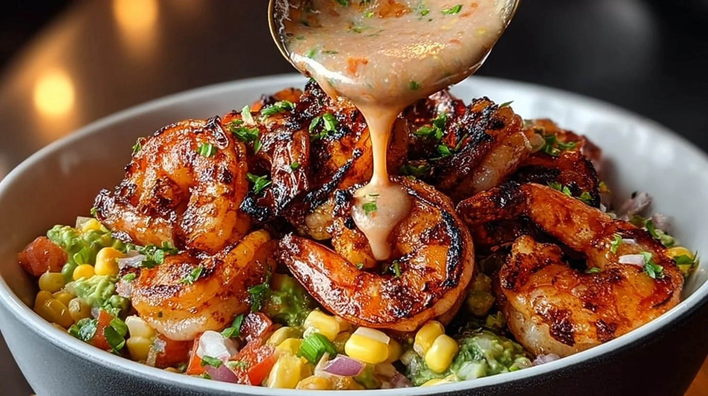 Delicious Grilled Shrimp Bowl with Avocado and fresh vegetables