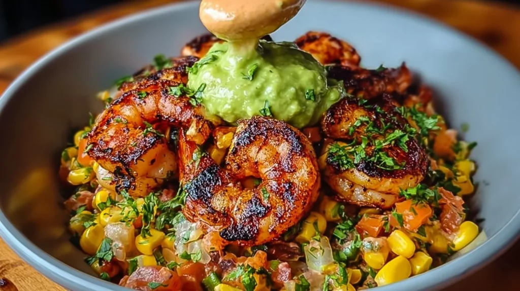 Grilled shrimp bowl featuring avocado, corn salsa, and creamy sauce