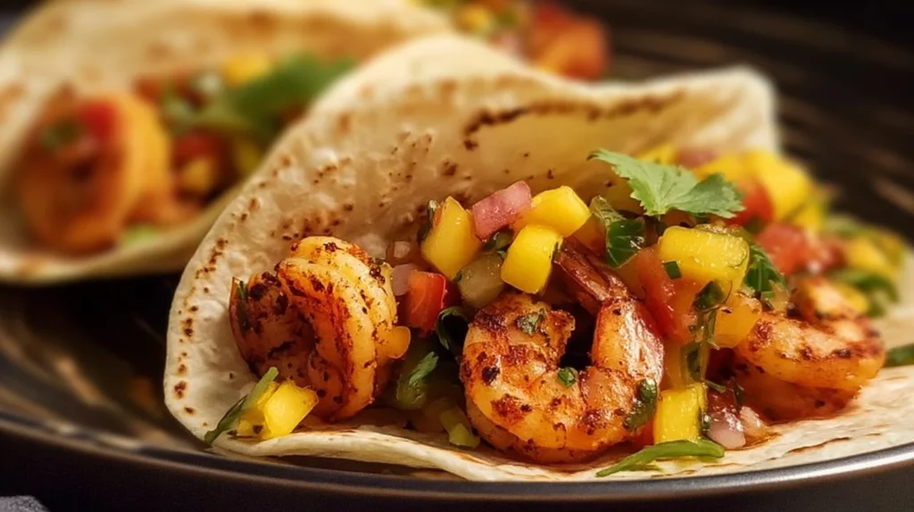 Delicious grilled shrimp tacos with vibrant mango salsa on a plate