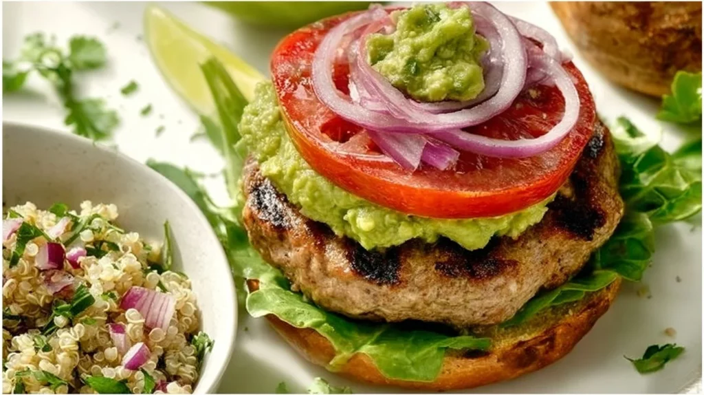 Grilled turkey and quinoa burgers served with fresh toppings and sides.