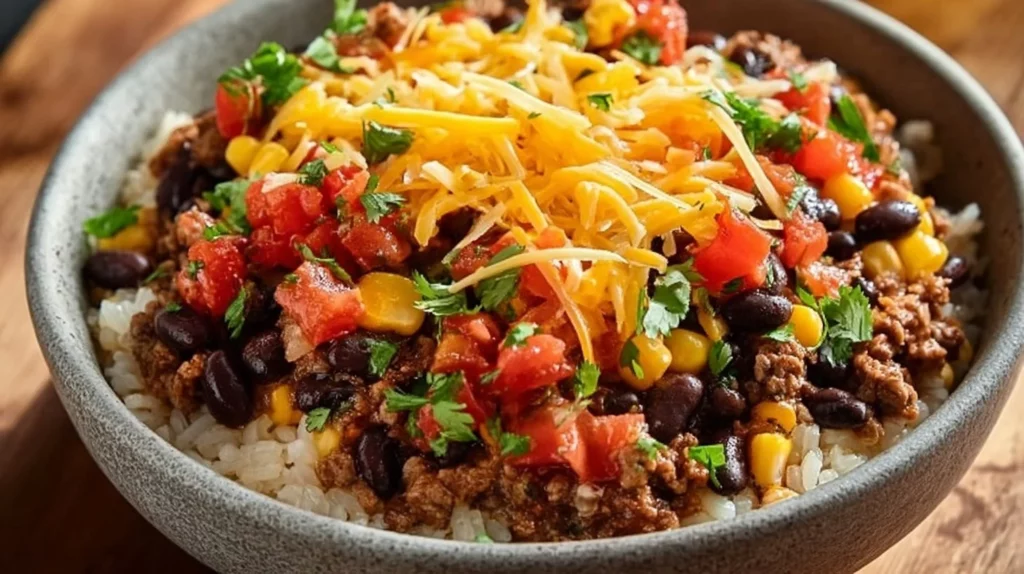 Ground Beef Burrito Bowl with fresh ingredients and vibrant toppings
