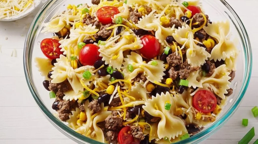 Ground beef pasta salad served in a bowl with fresh vegetables