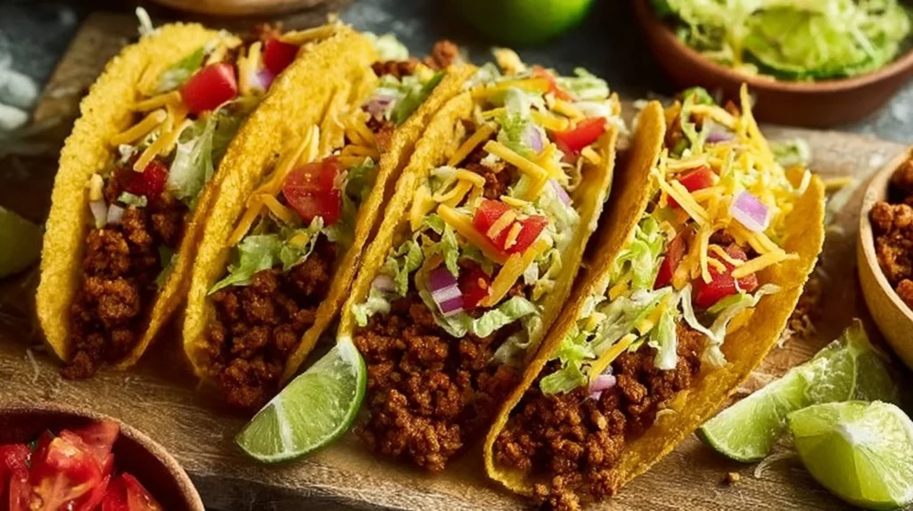 Delicious ground beef tacos with fresh toppings and vibrant colors.