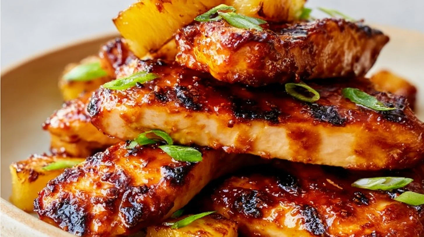 Hawaiian grilled chicken served with pineapple slices on a plate