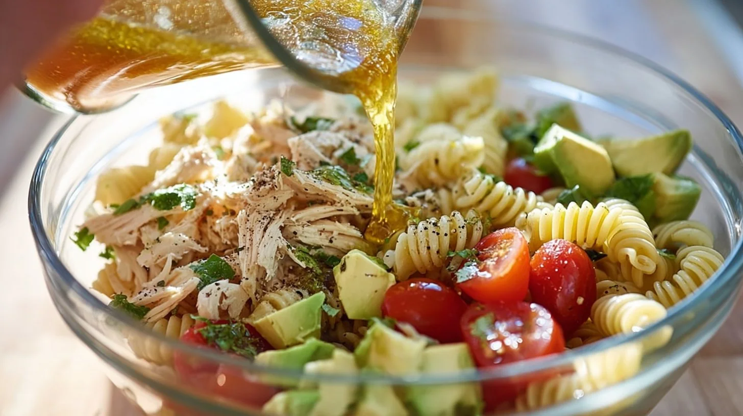 Healthy chicken pasta salad with colorful vegetables and dressing in a bowl