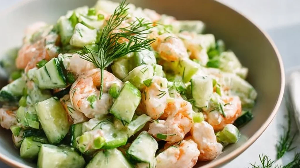 Healthy cucumber shrimp salad with fresh vegetables and shrimp.