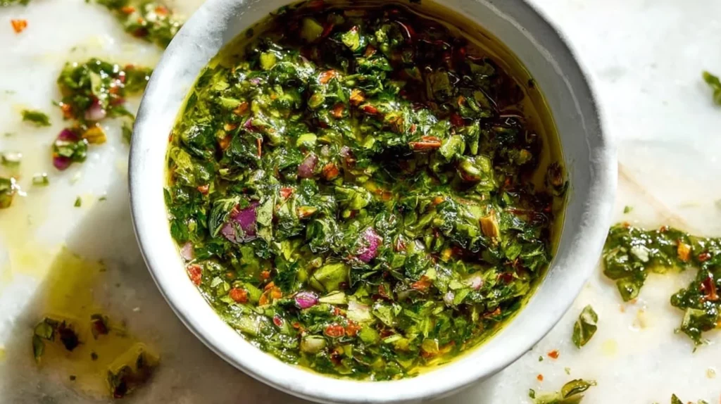 Fresh herbs being mixed into a homemade chimichurri sauce